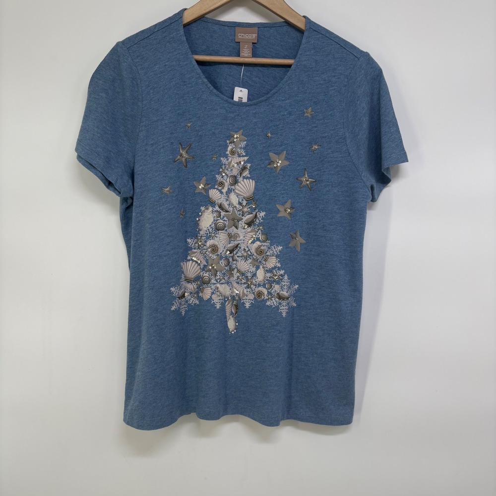 Chico's Christmas on the Beach Seashell Tree Tee Indigo Blue Size 2 Large NWT